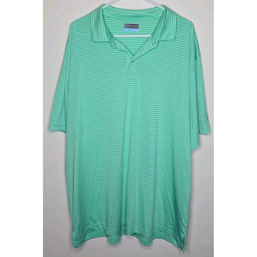 PGA Tour Mens Polo Short Sleeve Green Stripe Golf Polo 100% Polyester Size XXL
